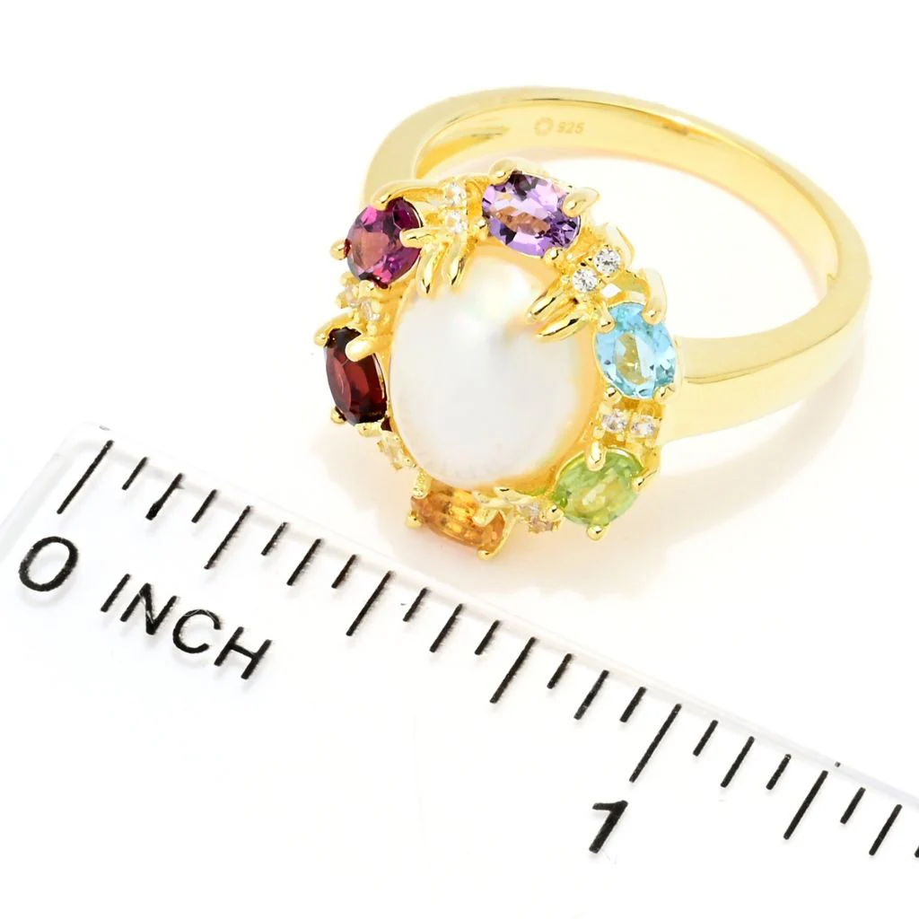18K Gold Plated 10x8mm Oval Cultured Mabe Pearl & Multi Gemstone Ring - Image 2