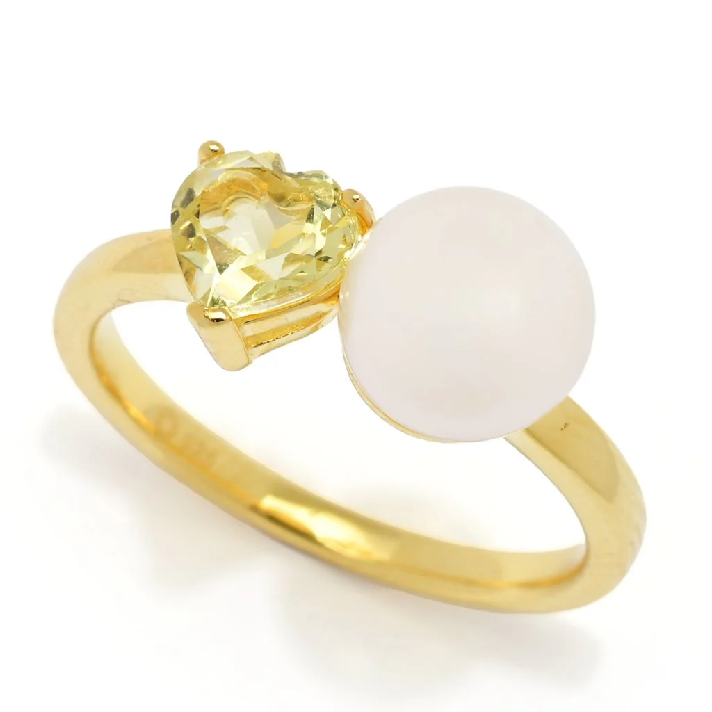 18K Gold Plated Freshwater Pearl & Heart Shape Gem "Toi et Moi" Ring - Image 3