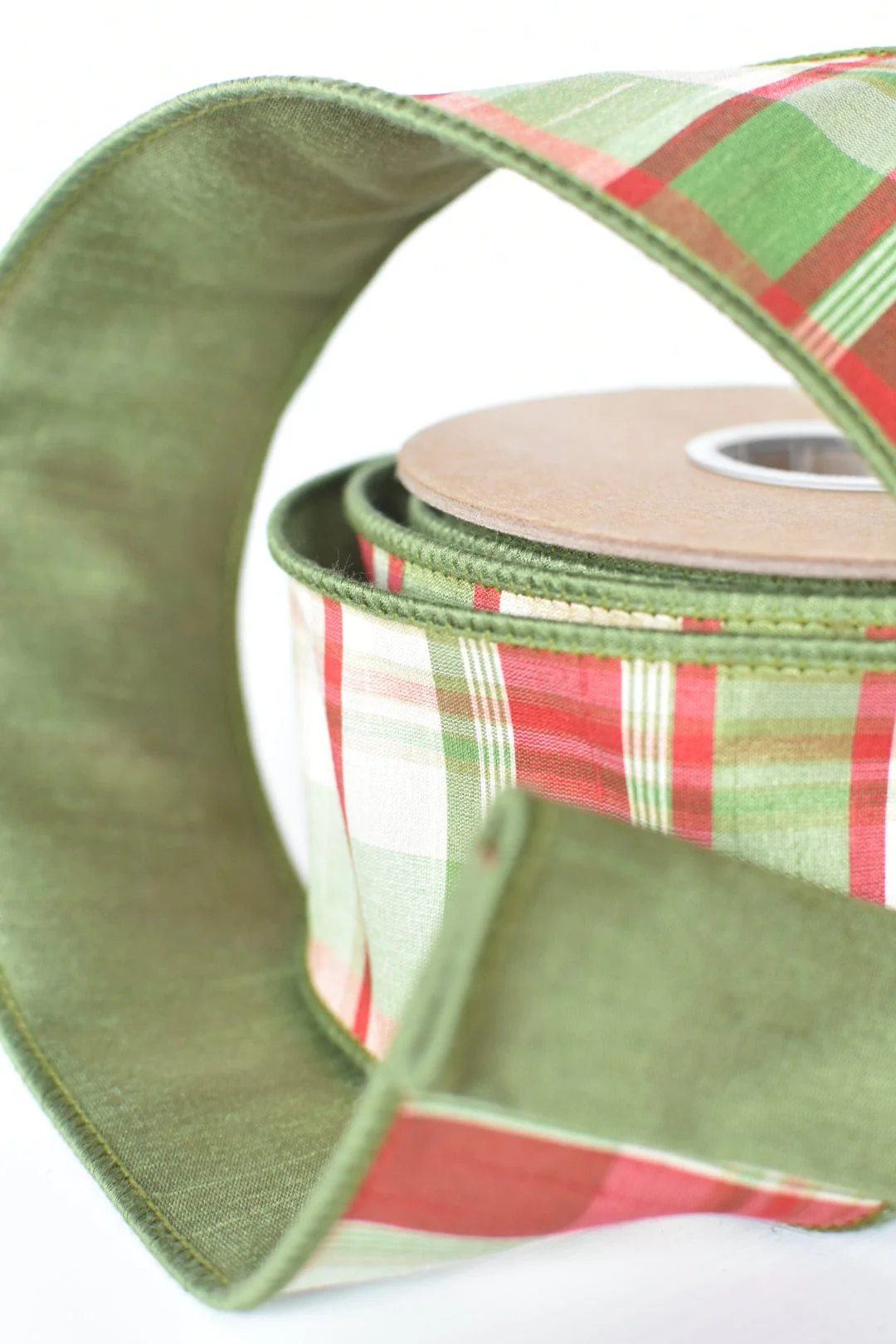 2.5" x 10yd Red/Green/Tan Plaid Dupioni Silk Ribbon - Image 4
