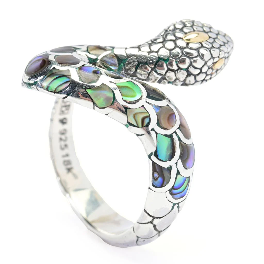 Artisan Silver by Samuel B. 18K Gold Accented Abalone Snake Ring - Image 2