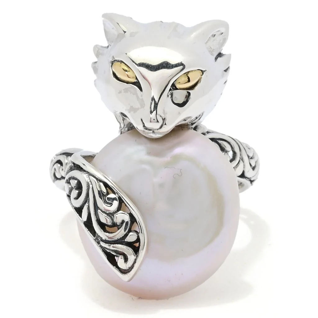Artisan Silver by Samuel B. 18K Gold Accented Baroque Cultured Pearl Fox Ring - Image 2