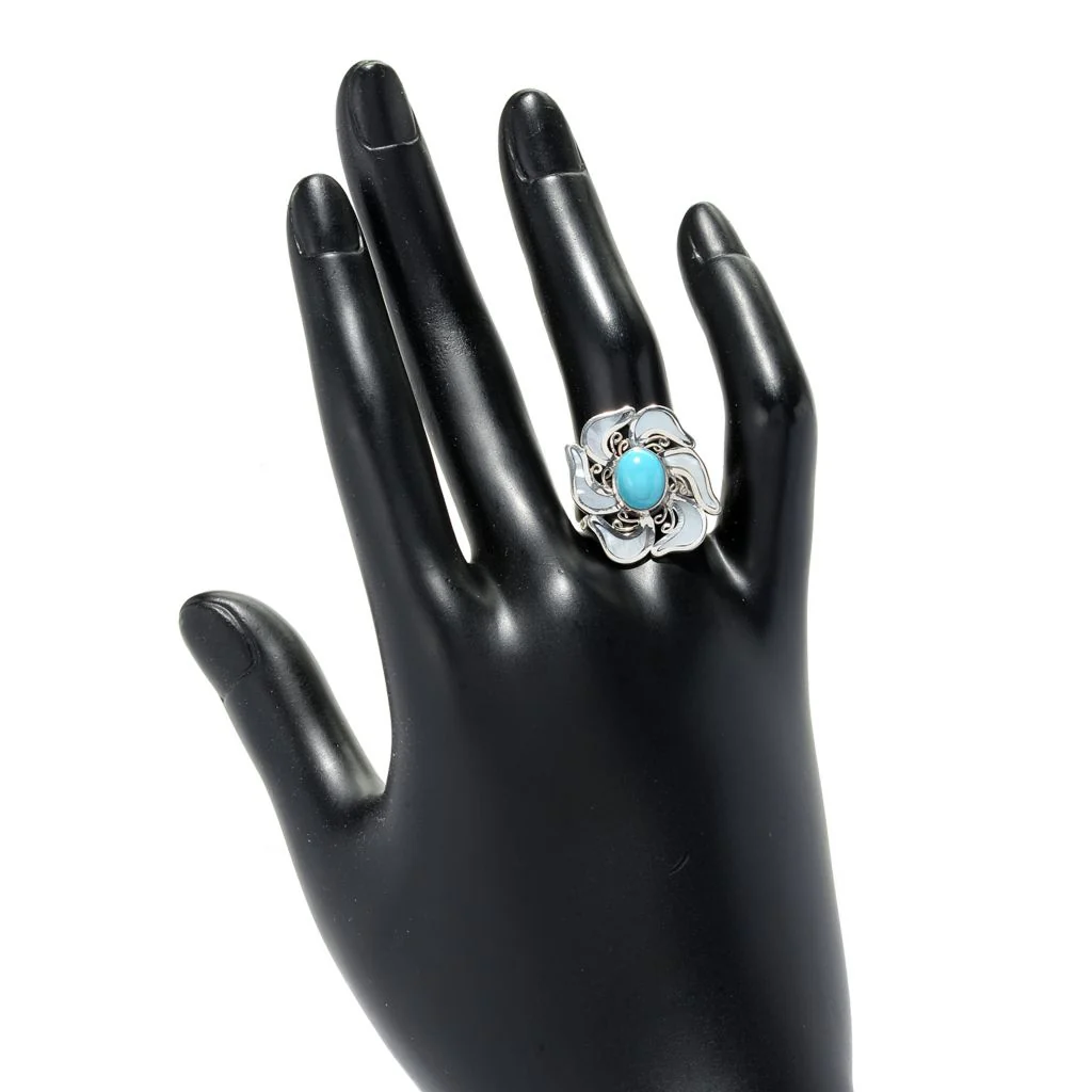 Artisan Silver by Samuel B. Sleeping Beauty Turquoise & Mother-of-Pearl Flower Ring, 5.89 grams - Image 2