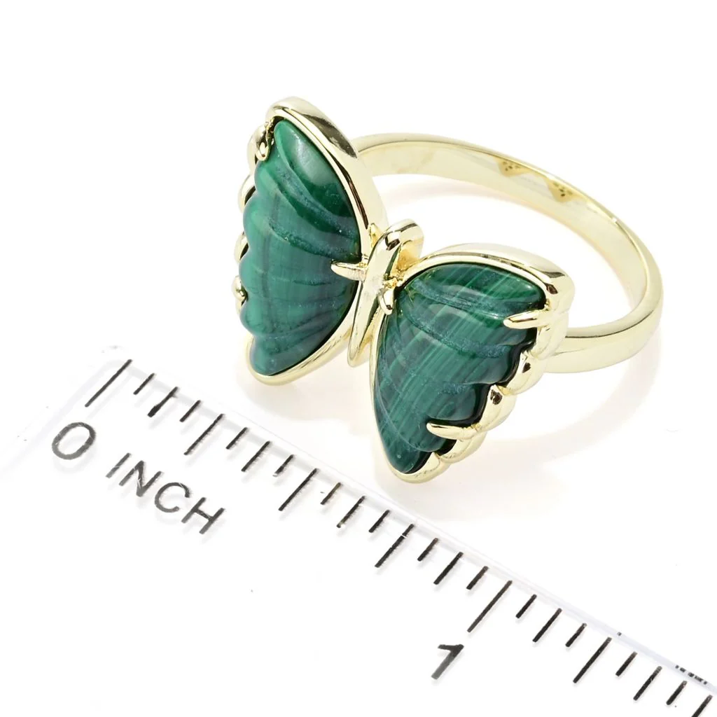 18K Gold Plated 15x8.5mm Carved Malachite Butterfly Ring - Image 2