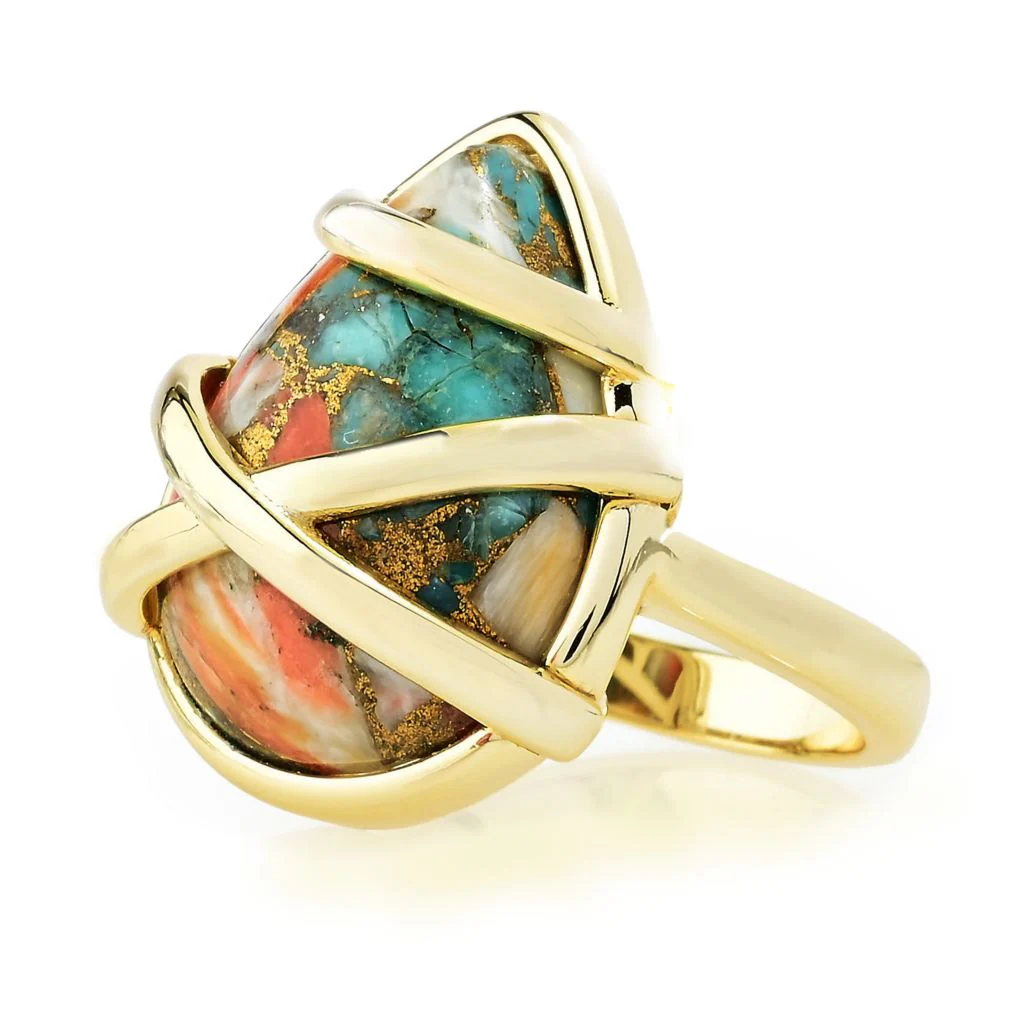 18K Gold Plated 20x15mm Pear Shape Spiny Oyster Turquoise Ring - Image 2