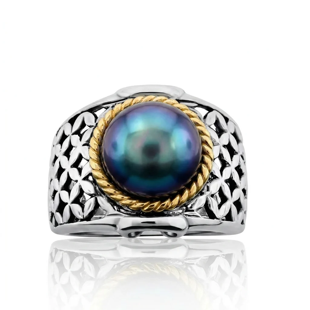 Belle Artique Sterling Silver 10mm Round Opaque Gemstone Basket Weave Ring - Image 3