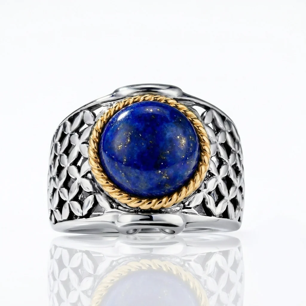 Belle Artique Sterling Silver 10mm Round Opaque Gemstone Basket Weave Ring - Image 4