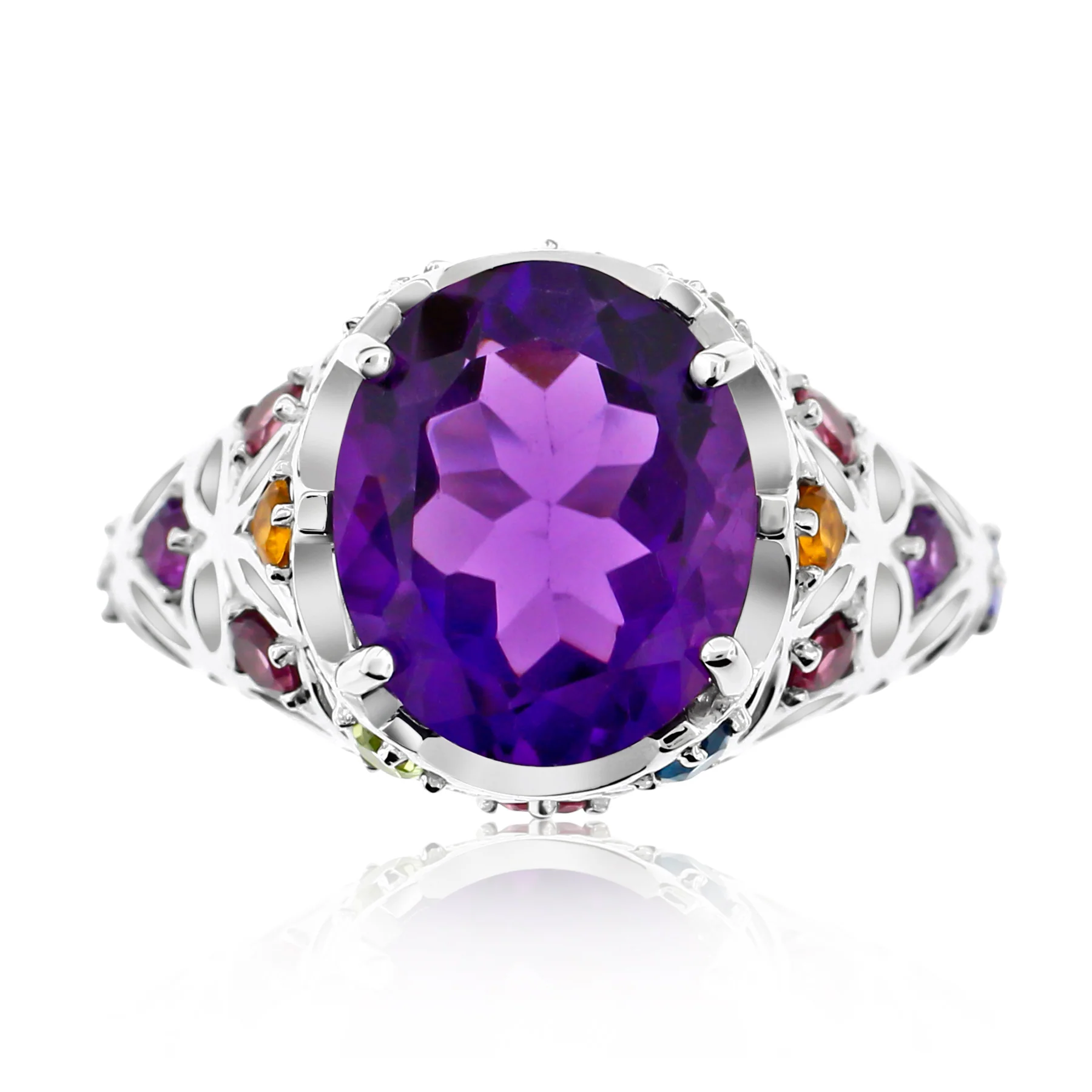 Belle Artique Sterling Silver 12x10mm Amethyst & Multi Gem Woven Ring - Image 2