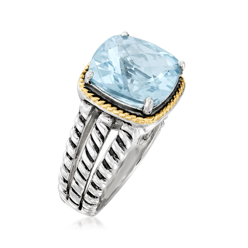 Belle Artique Sterling Silver Blue Topaz Solitaire Two-Tone Ring - Image 2