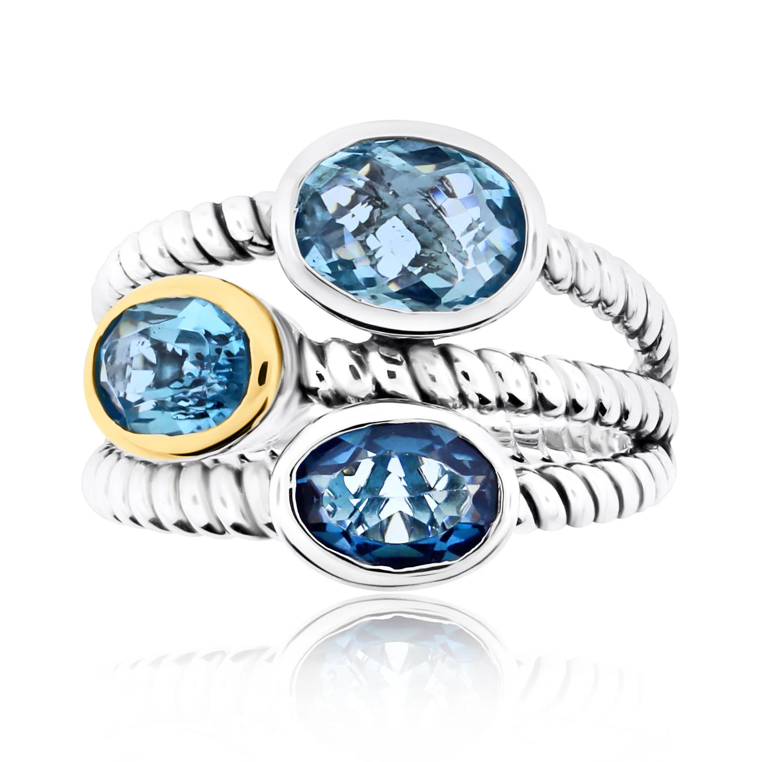Belle Artique Sterling Silver Colors of Blue Topaz 3-Stone Triple Row Braided Ring - Image 2