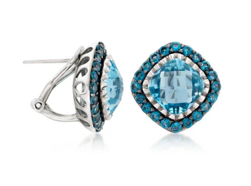 Belle Artique Sterling Silver Cushion Blue Topaz Briolette Halo Button Stud Earrings - Image 2