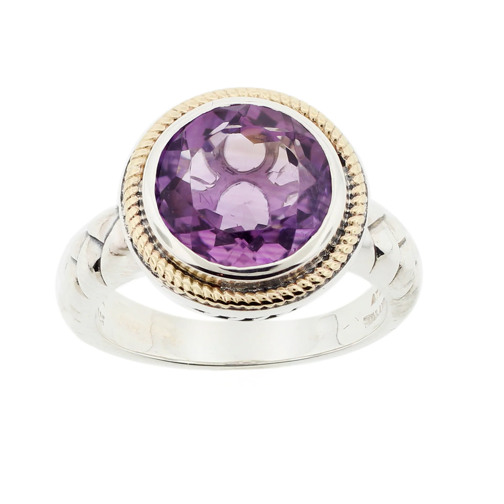 Belle Artique Sterling Silver Round Amethyst Rope Bezel Quilted Shank Ring - Image 2