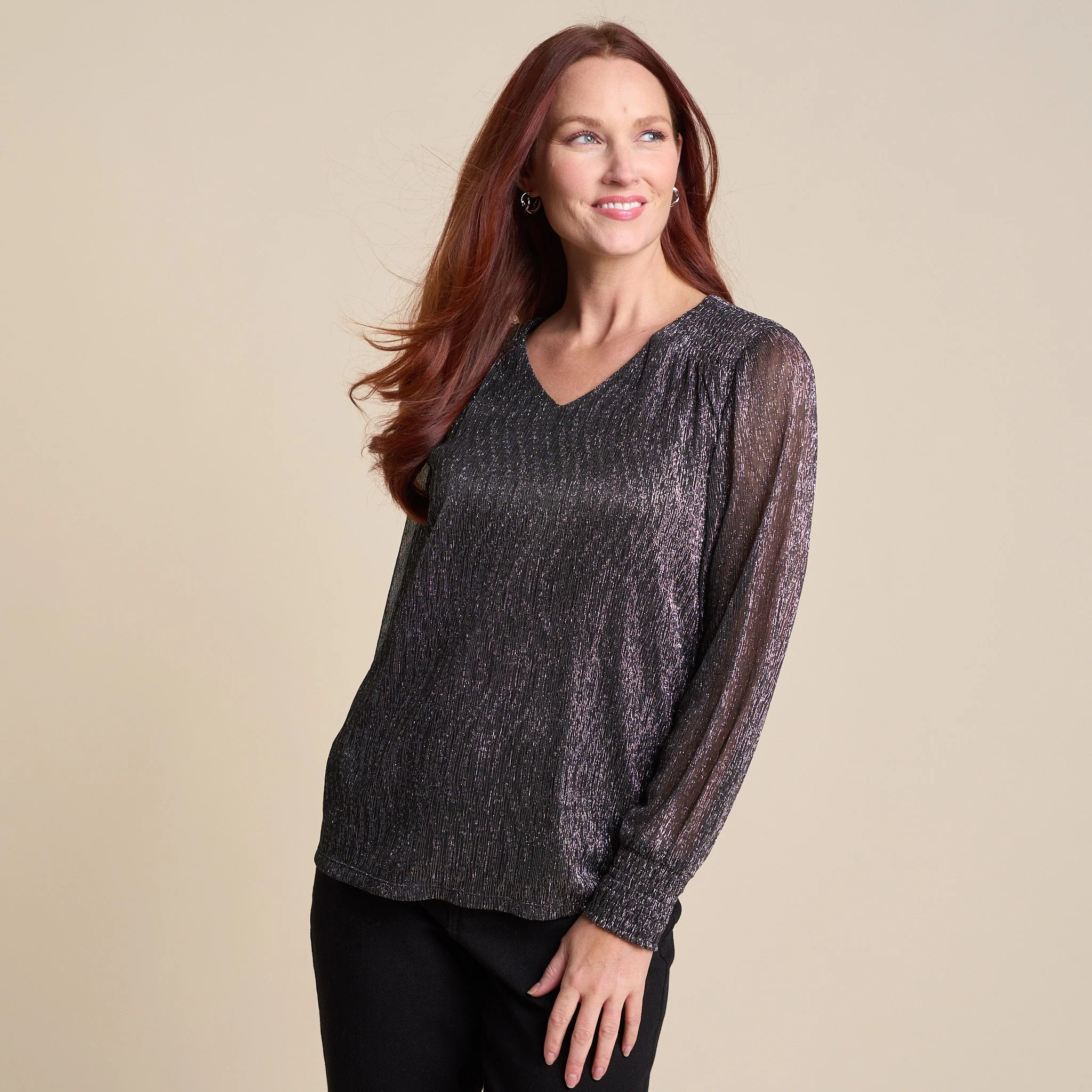 Christopher & Banks Bodre V Neck Shirred Sleeve Blouse - Image 3