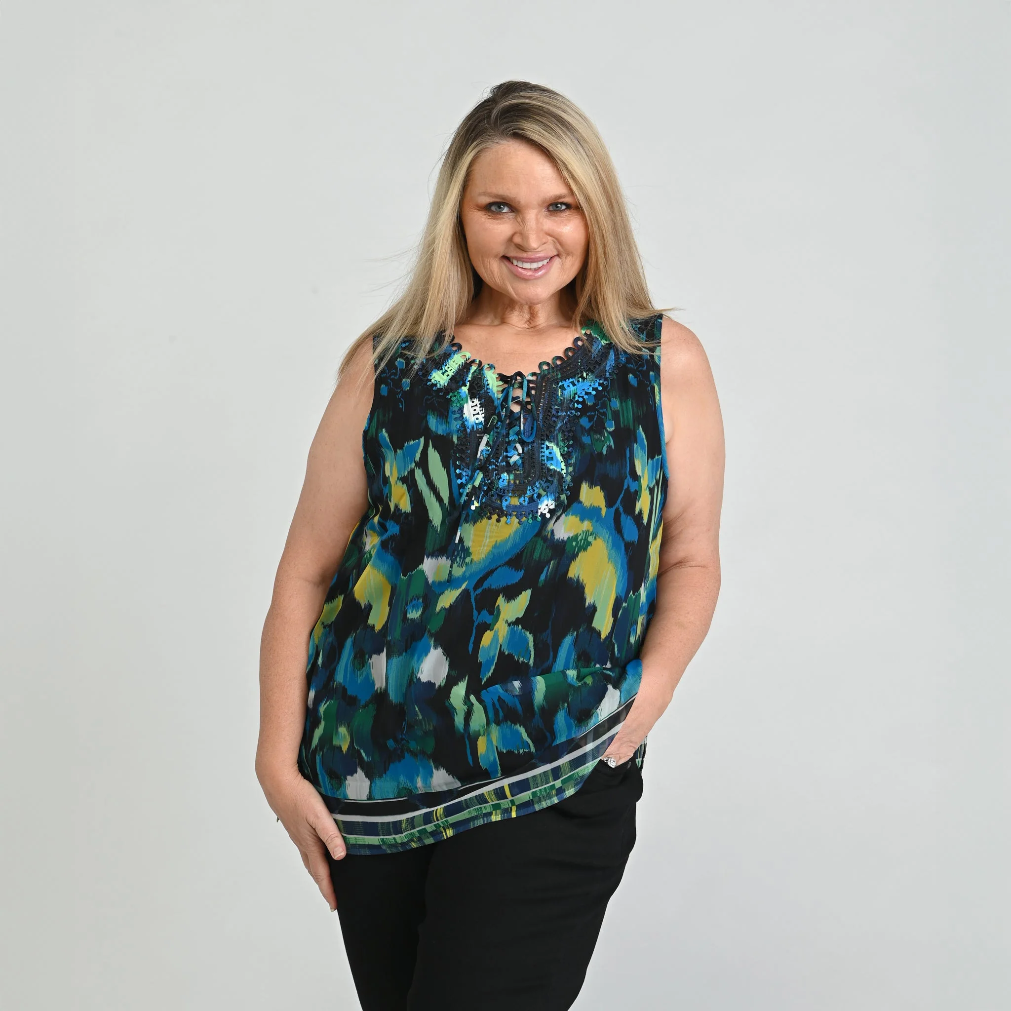 Christopher & Banks Border Print Crochet Tie Front Sleeveless Top - Image 2