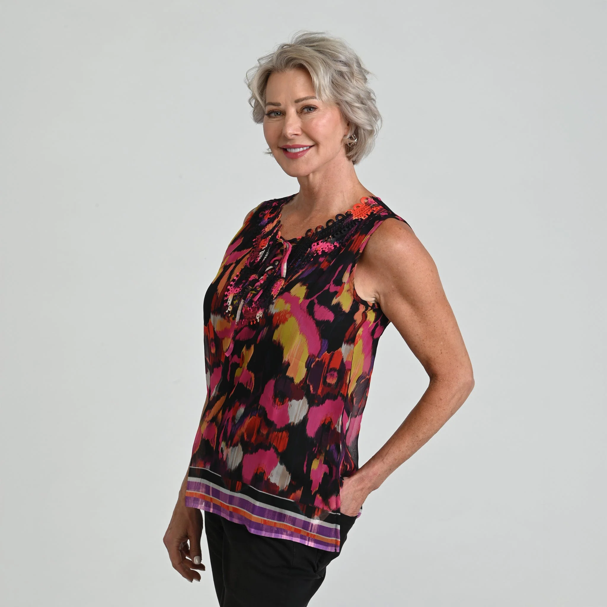 Christopher & Banks Border Print Crochet Tie Front Sleeveless Top - Image 4
