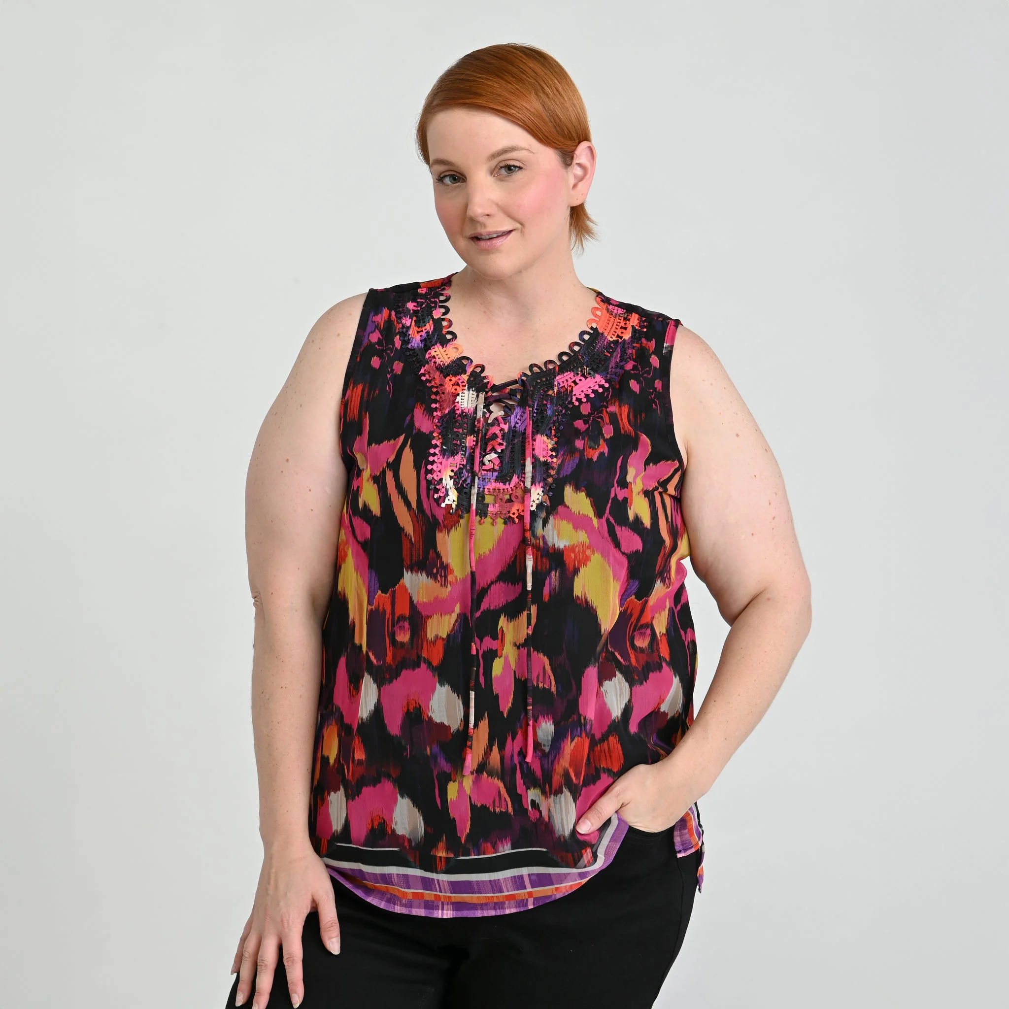 Christopher & Banks Border Print Crochet Tie Front Sleeveless Top - Image 5