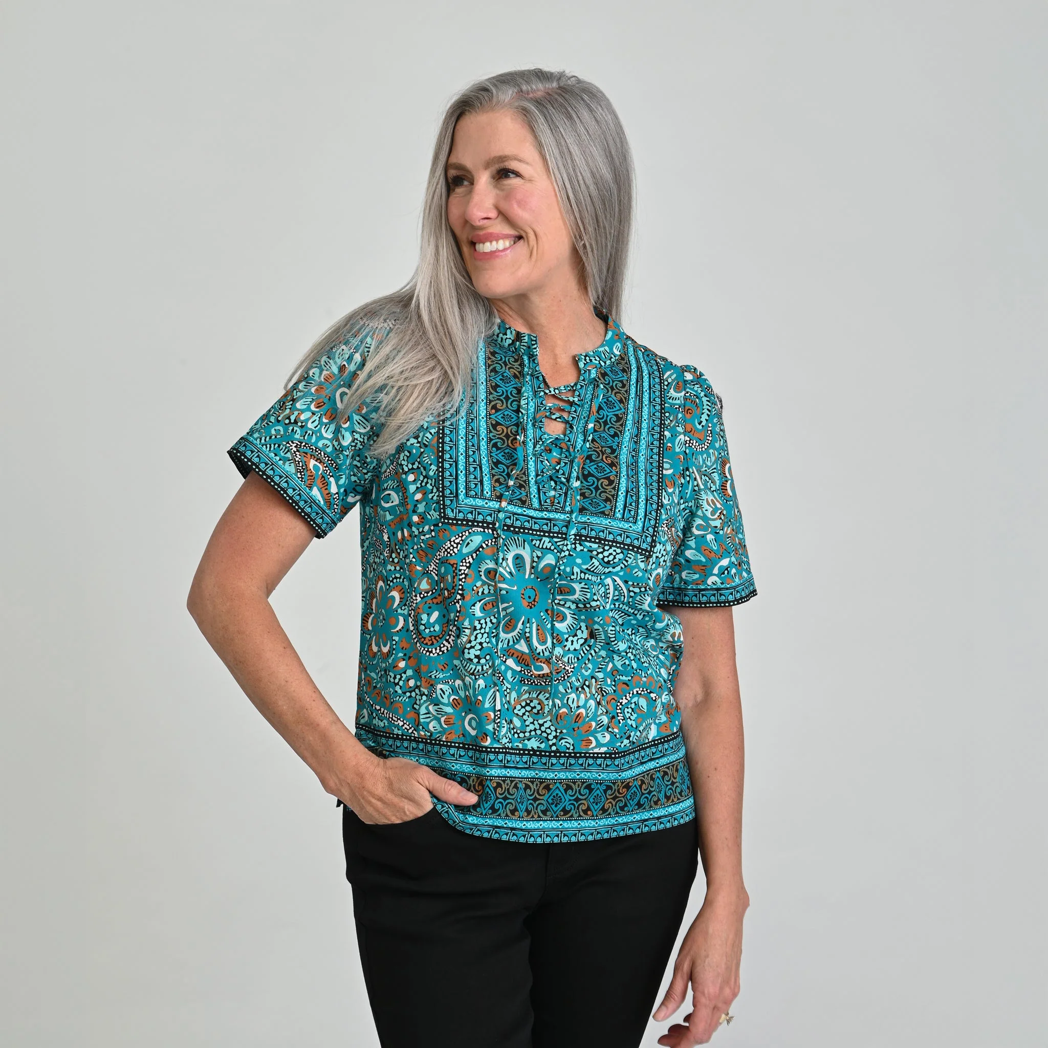 Christopher & Banks Border Print Split Neck Short Sleeve Blouse - Image 3