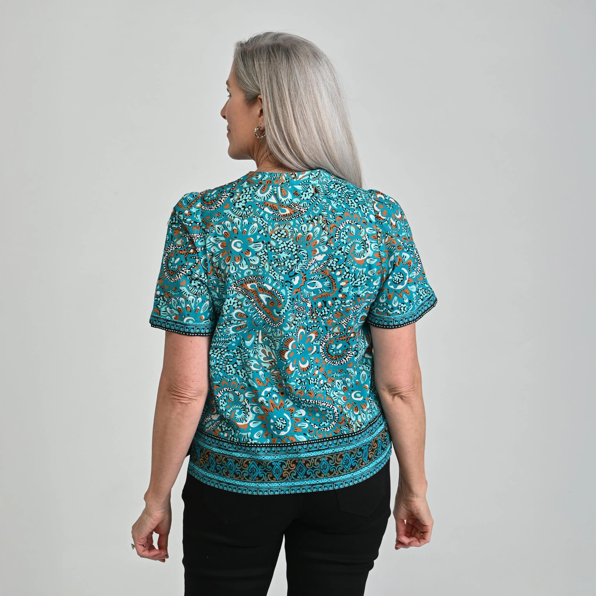 Christopher & Banks Border Print Split Neck Short Sleeve Blouse - Image 4