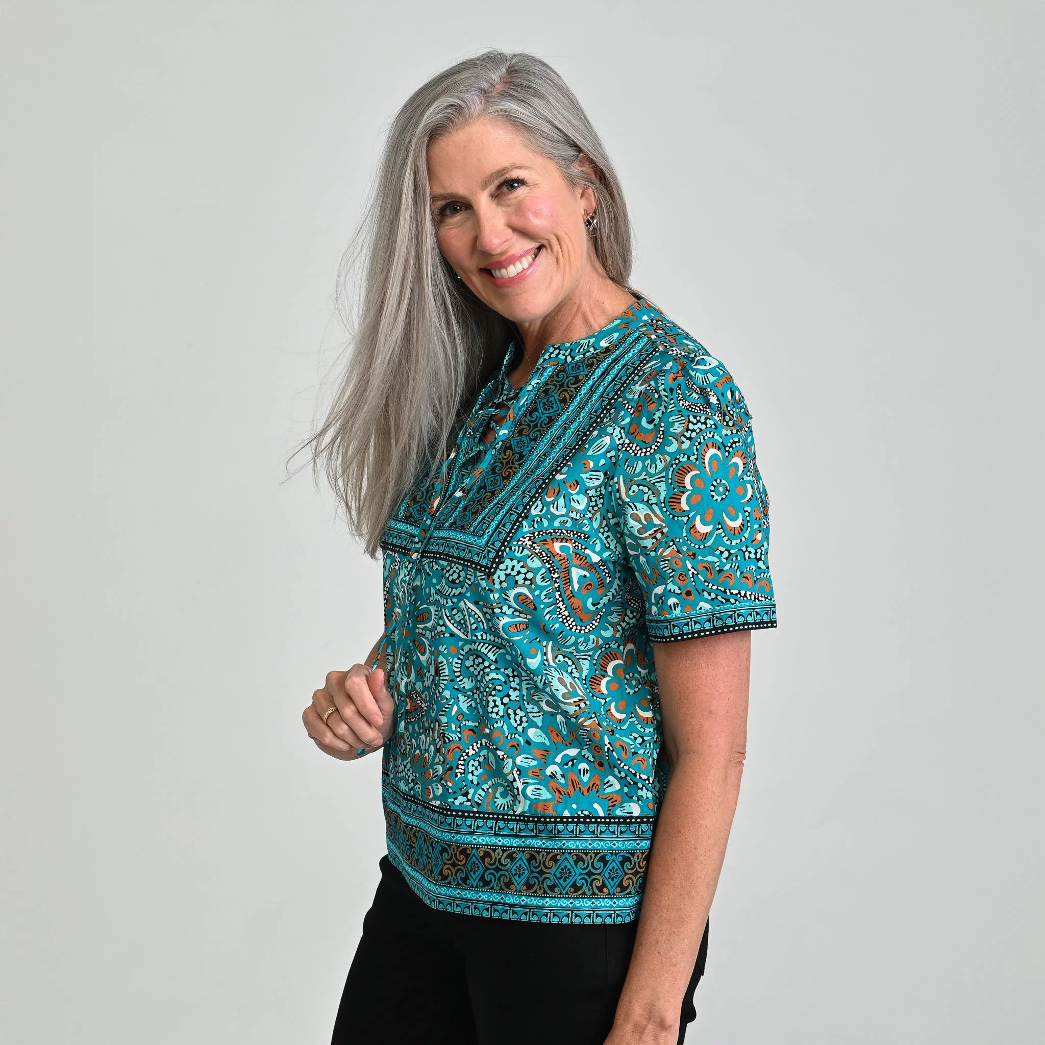 Christopher & Banks Border Print Split Neck Short Sleeve Blouse - Image 5