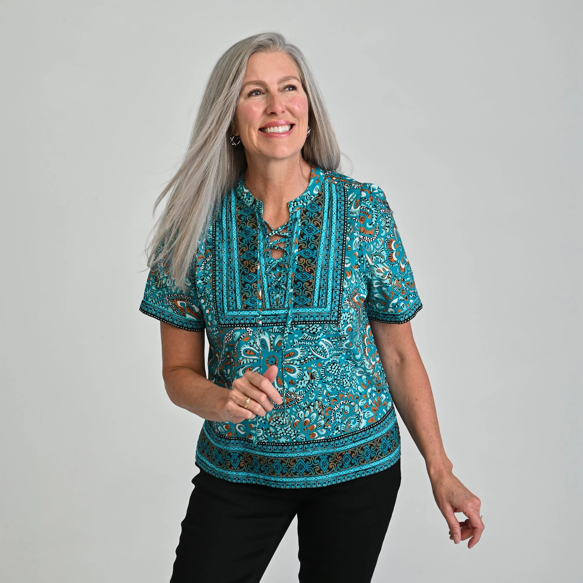 Christopher & Banks Border Print Split Neck Short Sleeve Blouse - Image 6