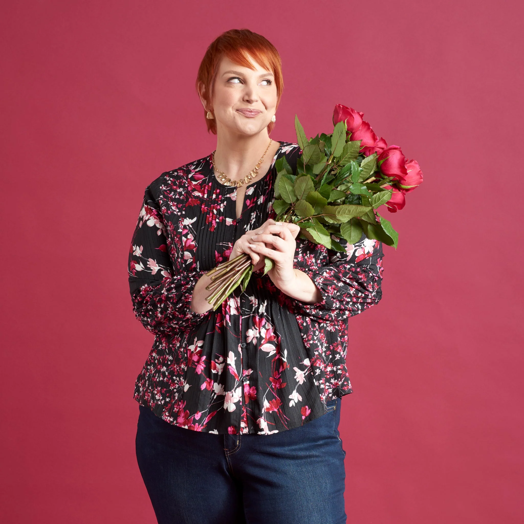 Christopher & Banks Botanical Floral Print Pleat Detail Long Sleeve Blouse - Image 2