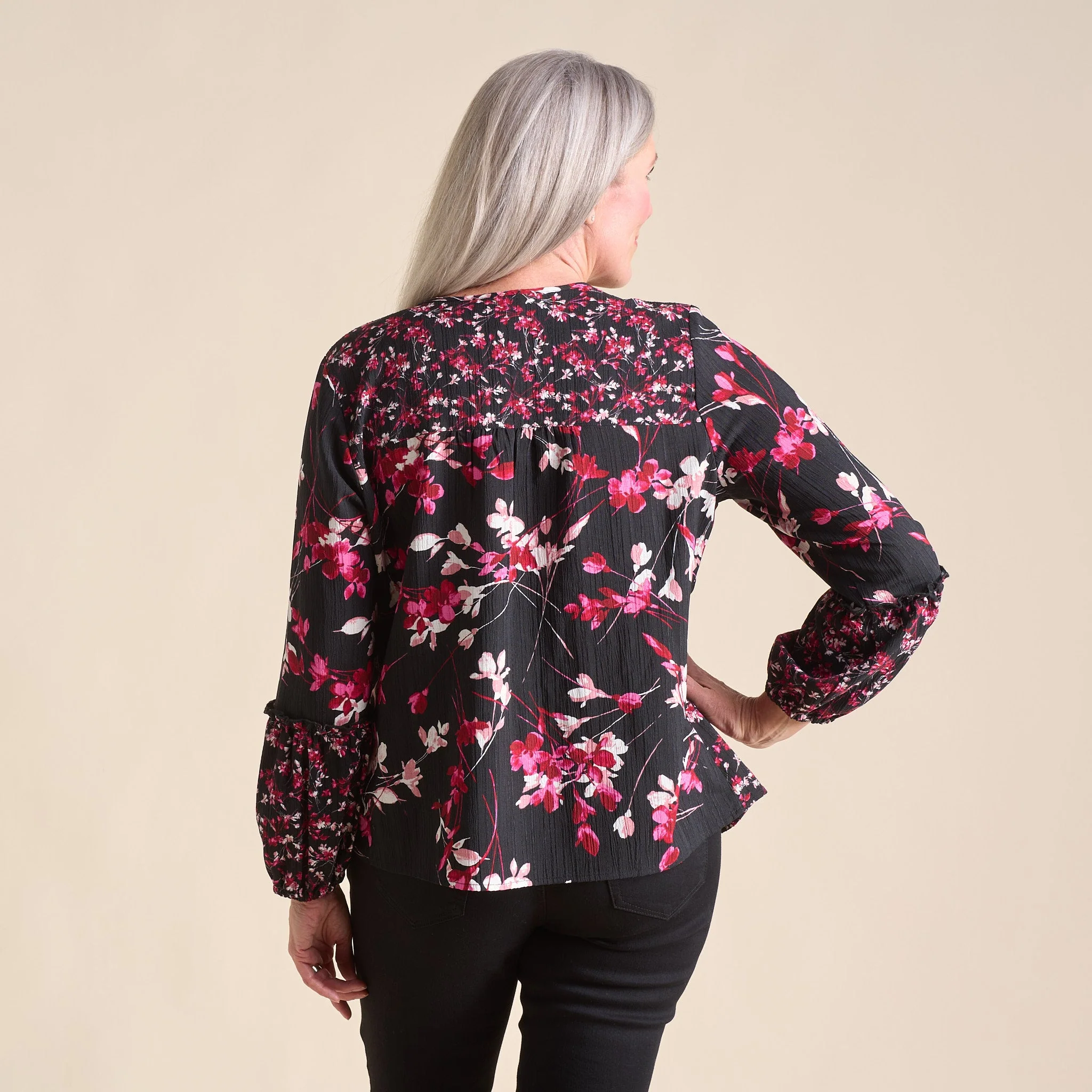 Christopher & Banks Botanical Floral Print Pleat Detail Long Sleeve Blouse - Image 3