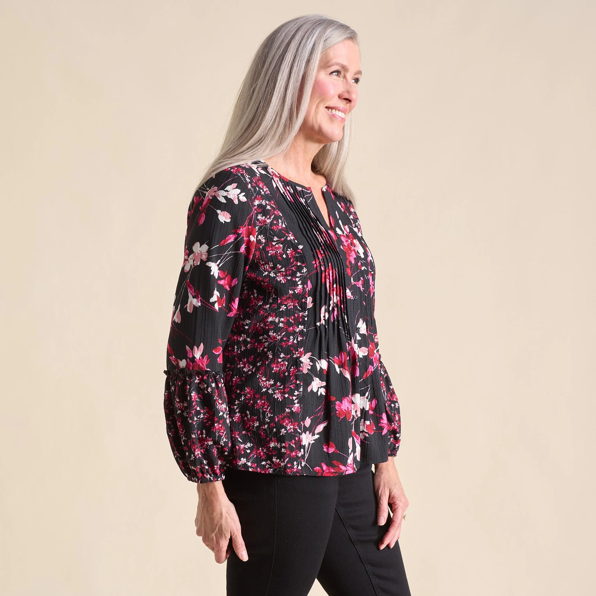 Christopher & Banks Botanical Floral Print Pleat Detail Long Sleeve Blouse - Image 4