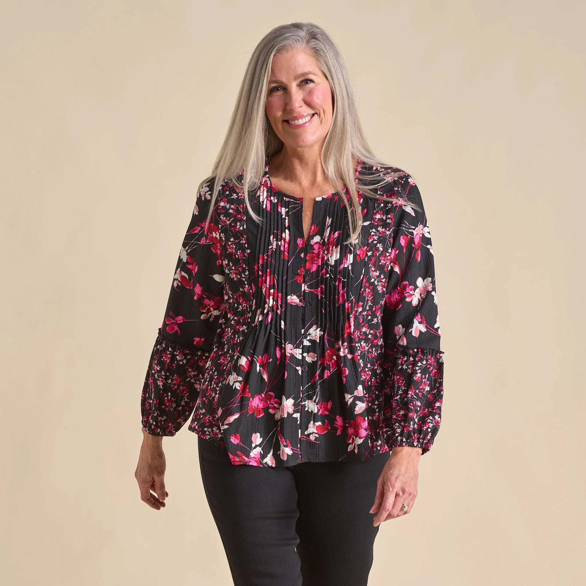 Christopher & Banks Botanical Floral Print Pleat Detail Long Sleeve Blouse - Image 7