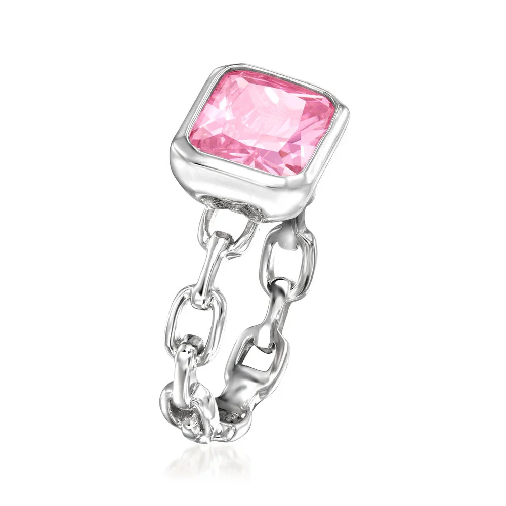 Brilliante Sterling Silver 10x8mm Octagon Pink Simulated Diamond Paperclip Ring - Image 2
