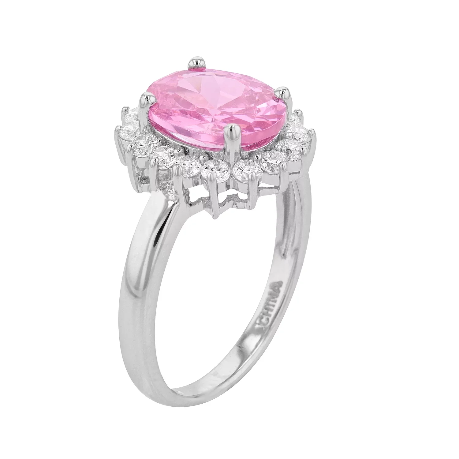 Brilliante Sterling Silver 10x8mm Oval Pink Simulated Diamond Halo Ring - Image 2