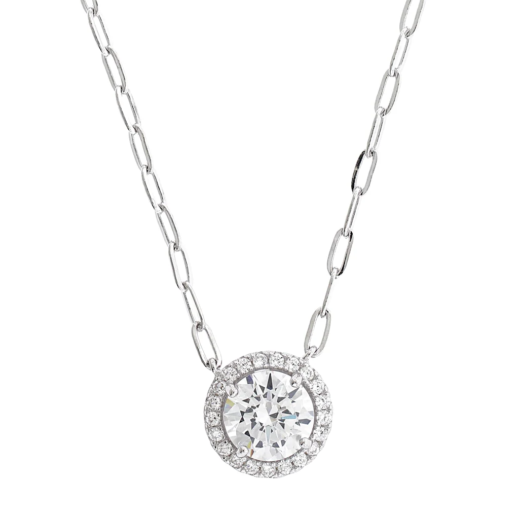 Brilliante Sterling Silver Choice of Cut Simulated Diamond Halo Necklace 16" Chain + 2" Extender - Image 2