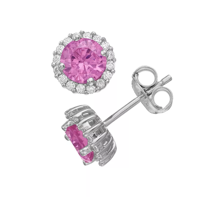 Brilliante Sterling Silver Simulated Fancy Color Diamond Halo Stud Earrings - Image 3
