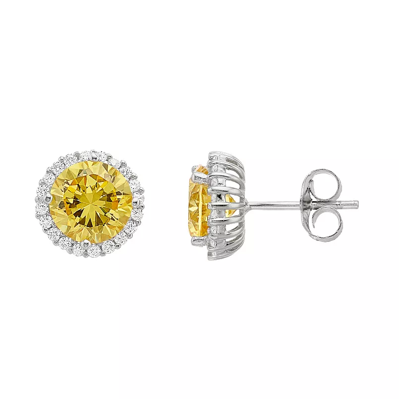 Brilliante Sterling Silver Simulated Fancy Color Diamond Halo Stud Earrings - Image 4