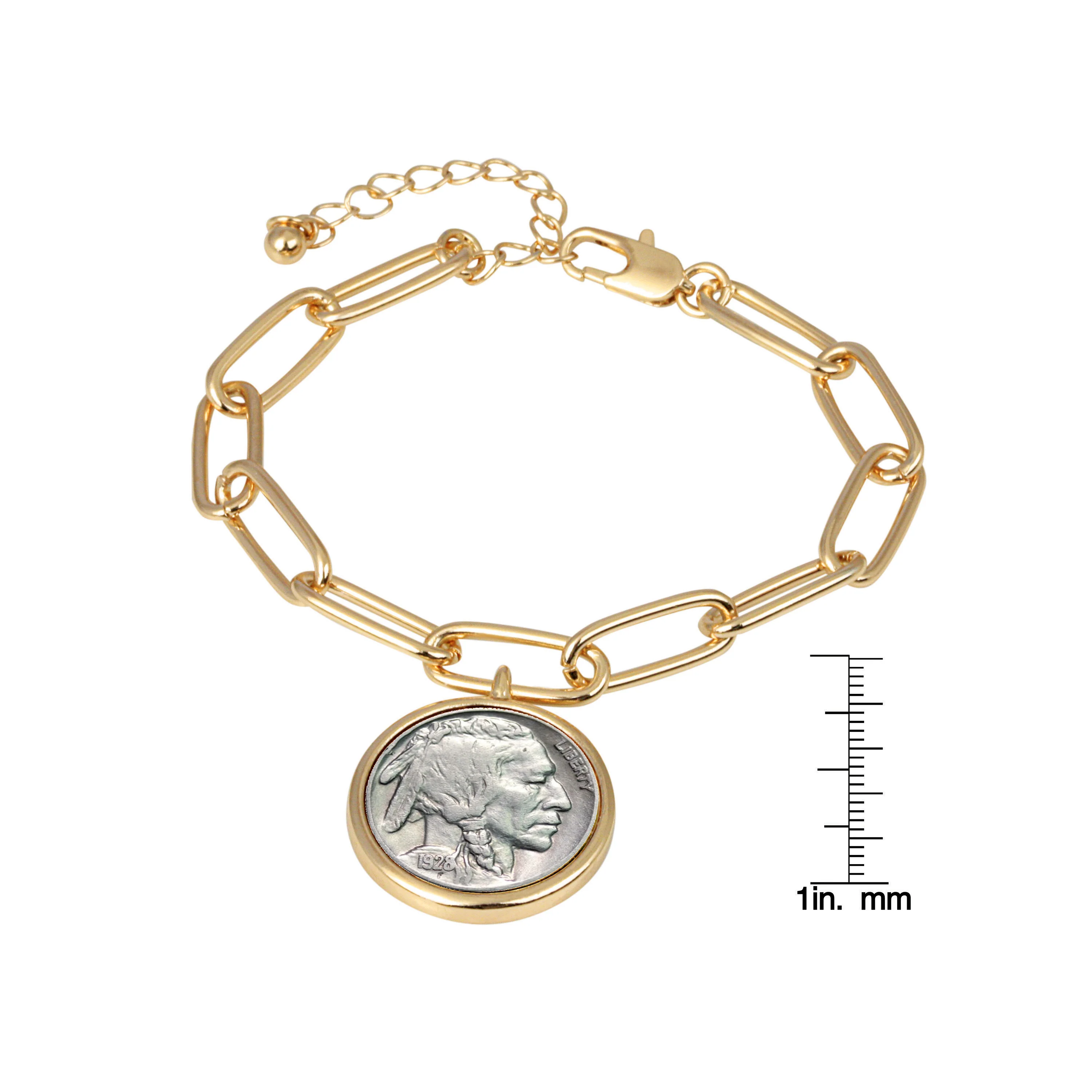 1913-1938 Minted Buffalo Nickel Coin Gold-tone Elongated Link Bracelet - Image 4