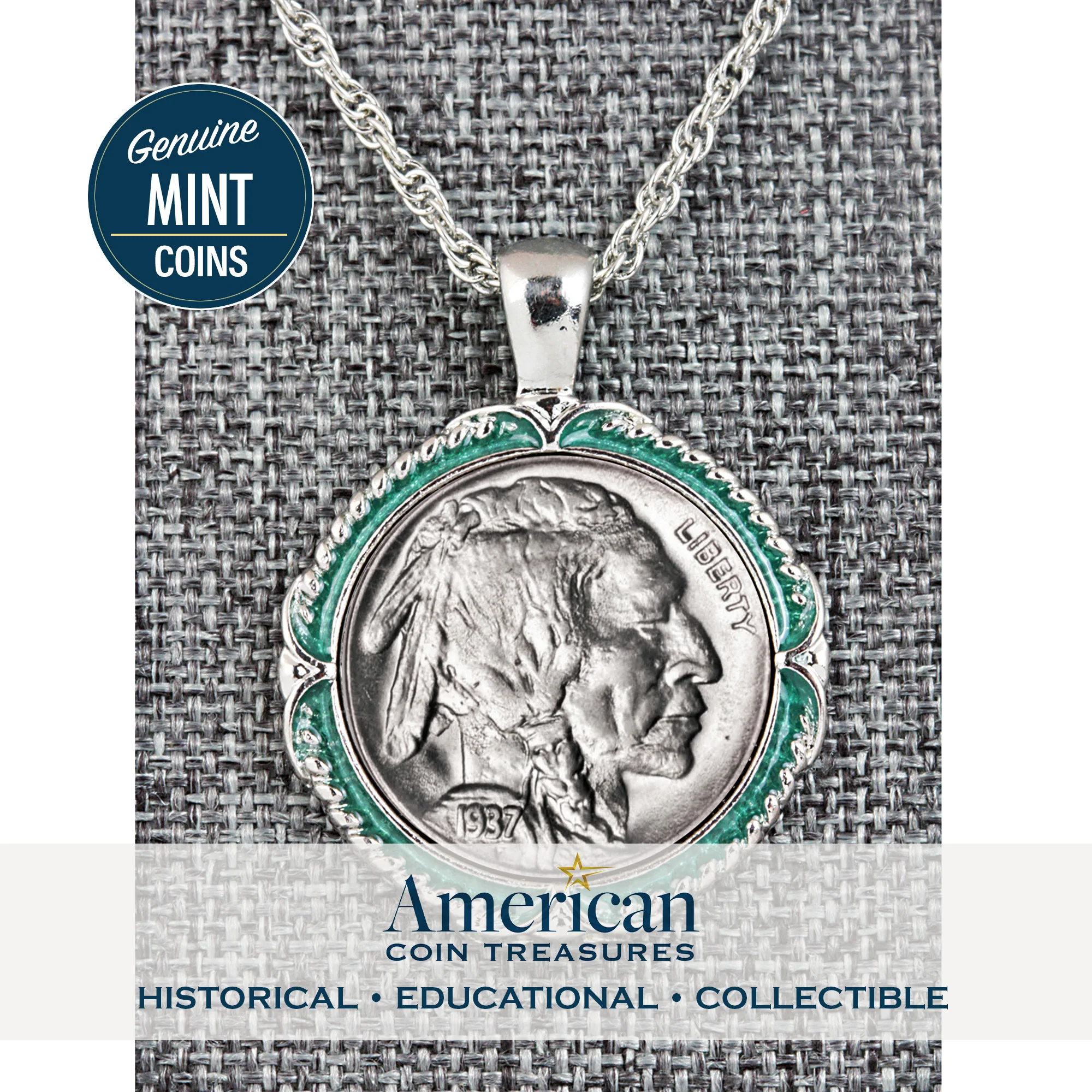 Buffalo Nickel Coin 1913-1938 Green Enamel Halo Pendant with 24" Chain + 3" Extender - Image 2