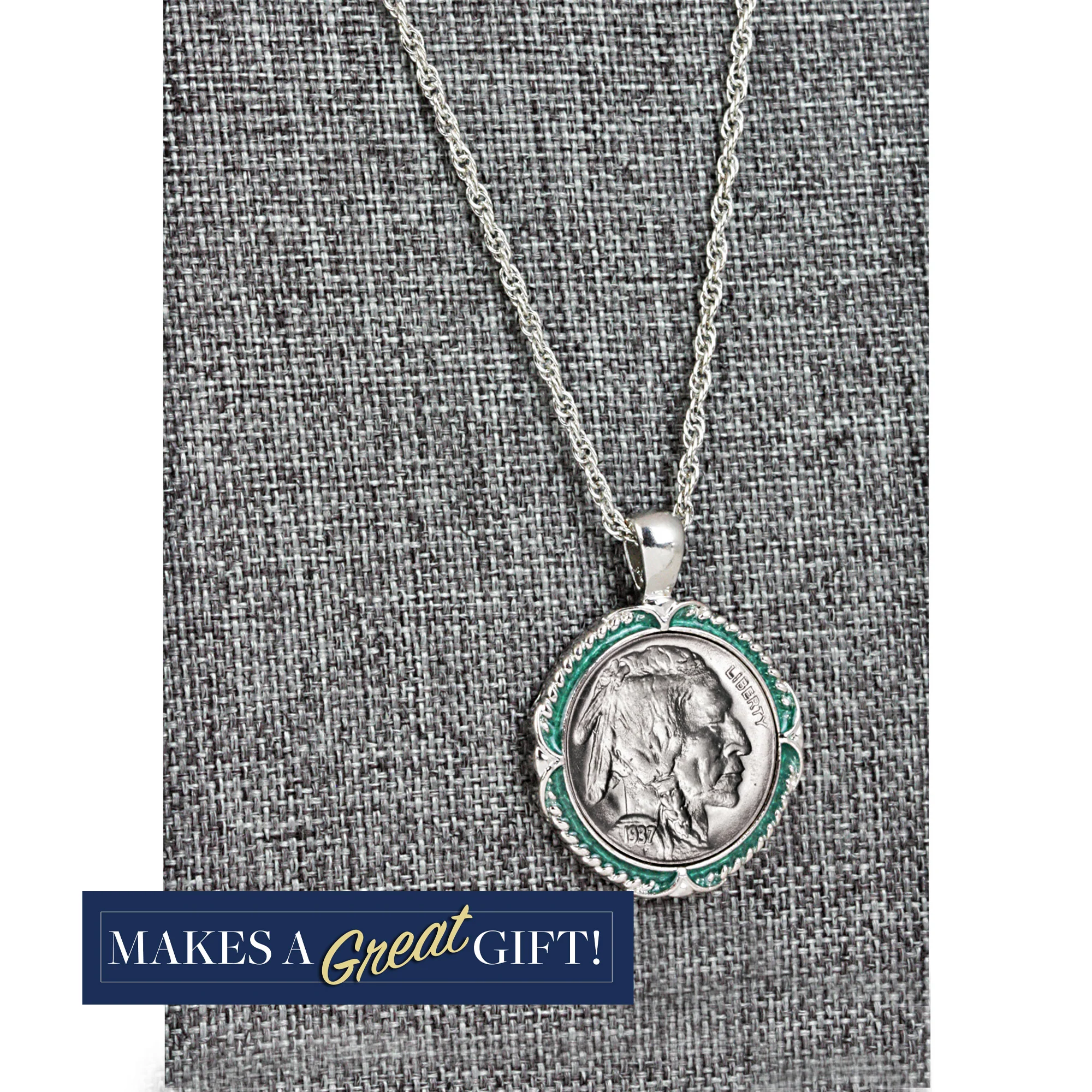 Buffalo Nickel Coin 1913-1938 Green Enamel Halo Pendant with 24" Chain + 3" Extender - Image 3