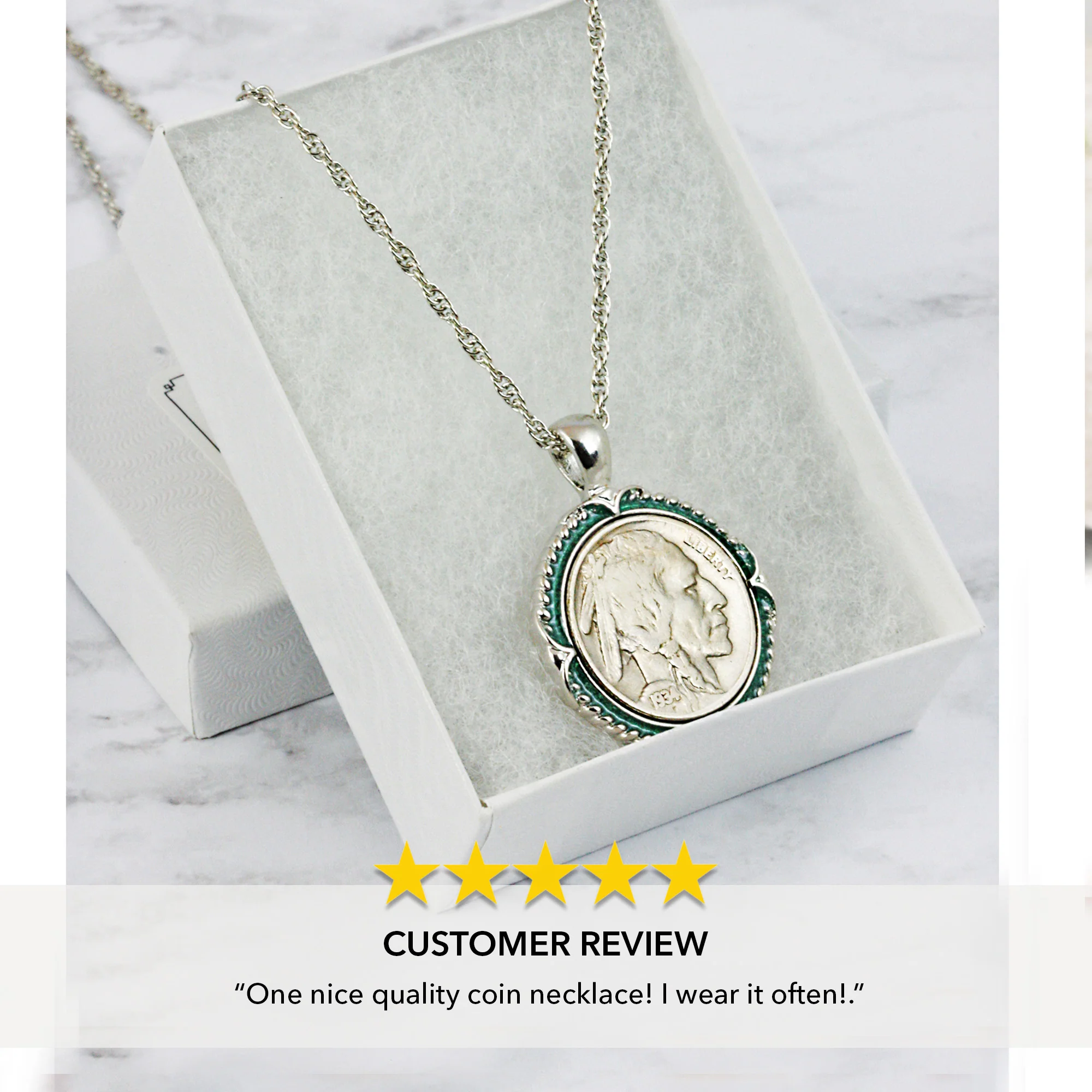Buffalo Nickel Coin 1913-1938 Green Enamel Halo Pendant with 24" Chain + 3" Extender - Image 5