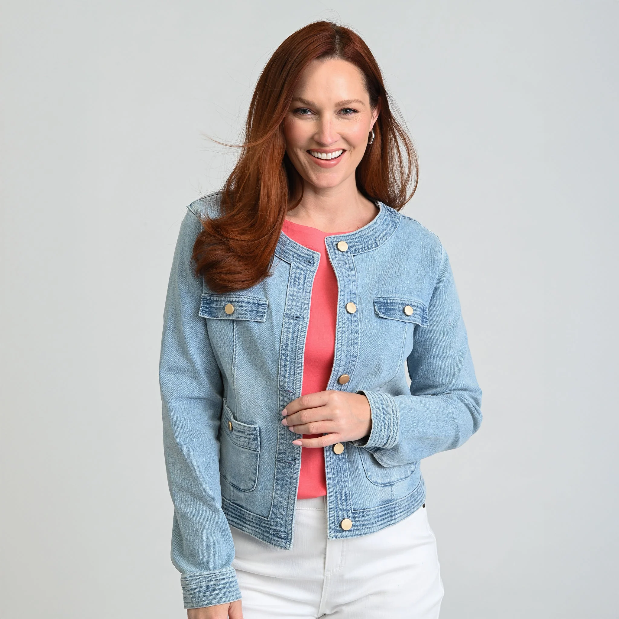Christopher & Banks Button Front Collarless Denim Jacket - Image 3