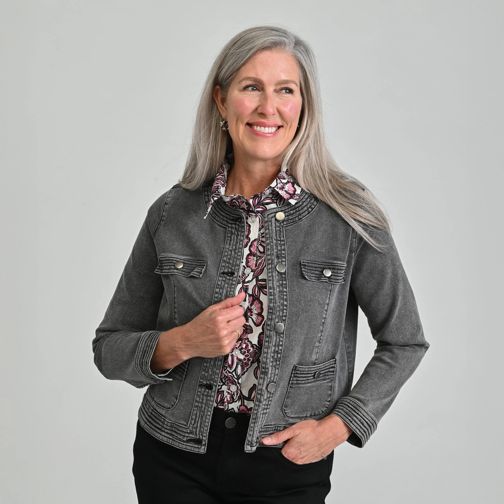 Christopher & Banks Button Front Collarless Denim Jacket - Image 4
