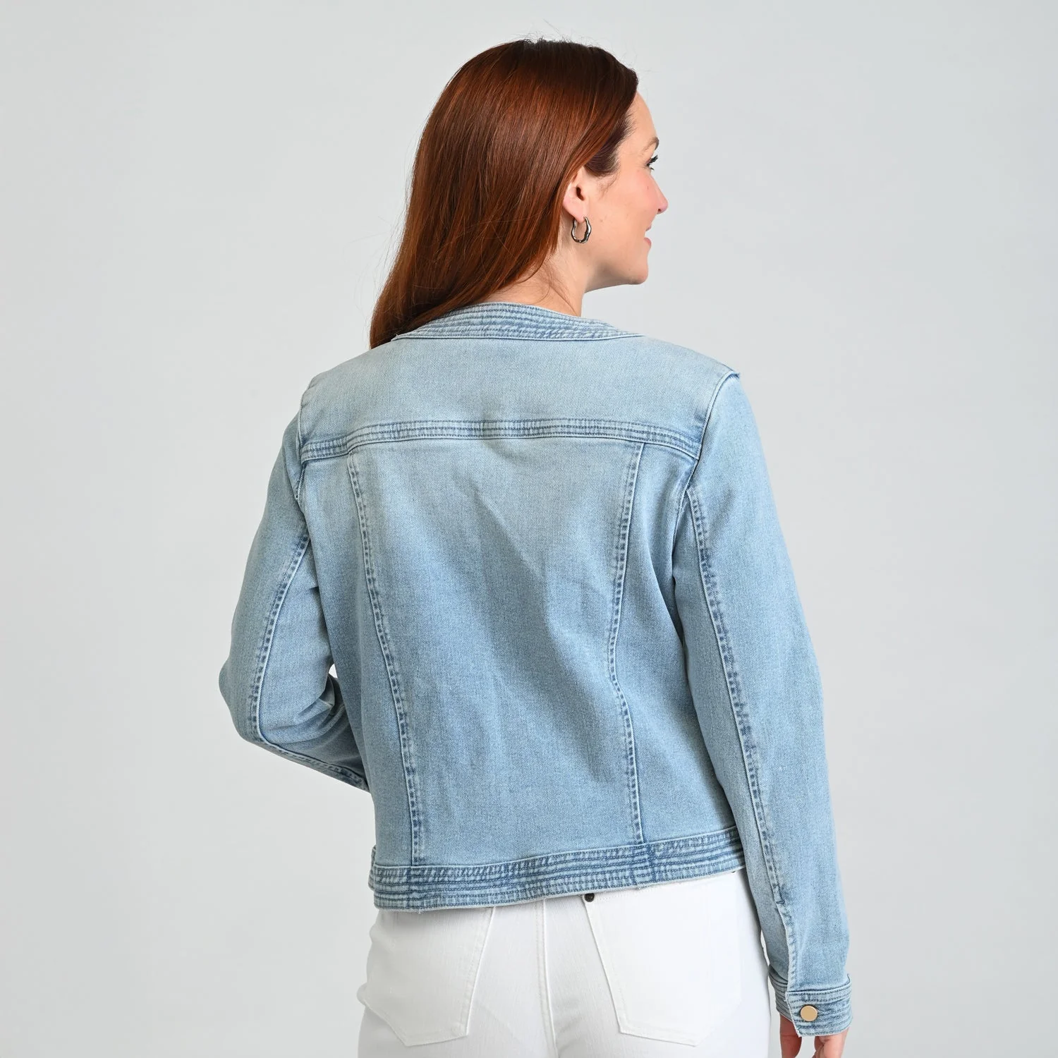 Christopher & Banks Button Front Collarless Denim Jacket - Image 5