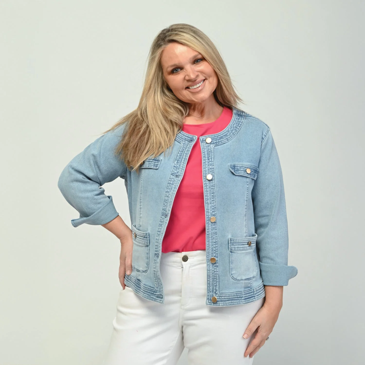Christopher & Banks Button Front Collarless Denim Jacket - Image 7