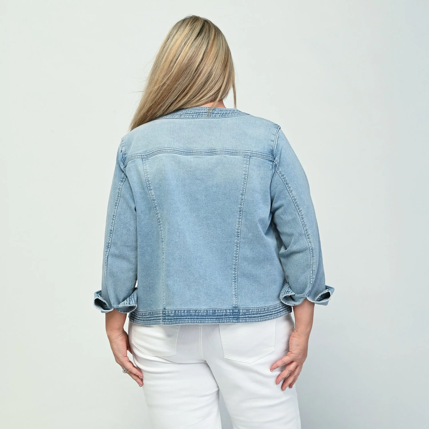 Christopher & Banks Button Front Collarless Denim Jacket - Image 8