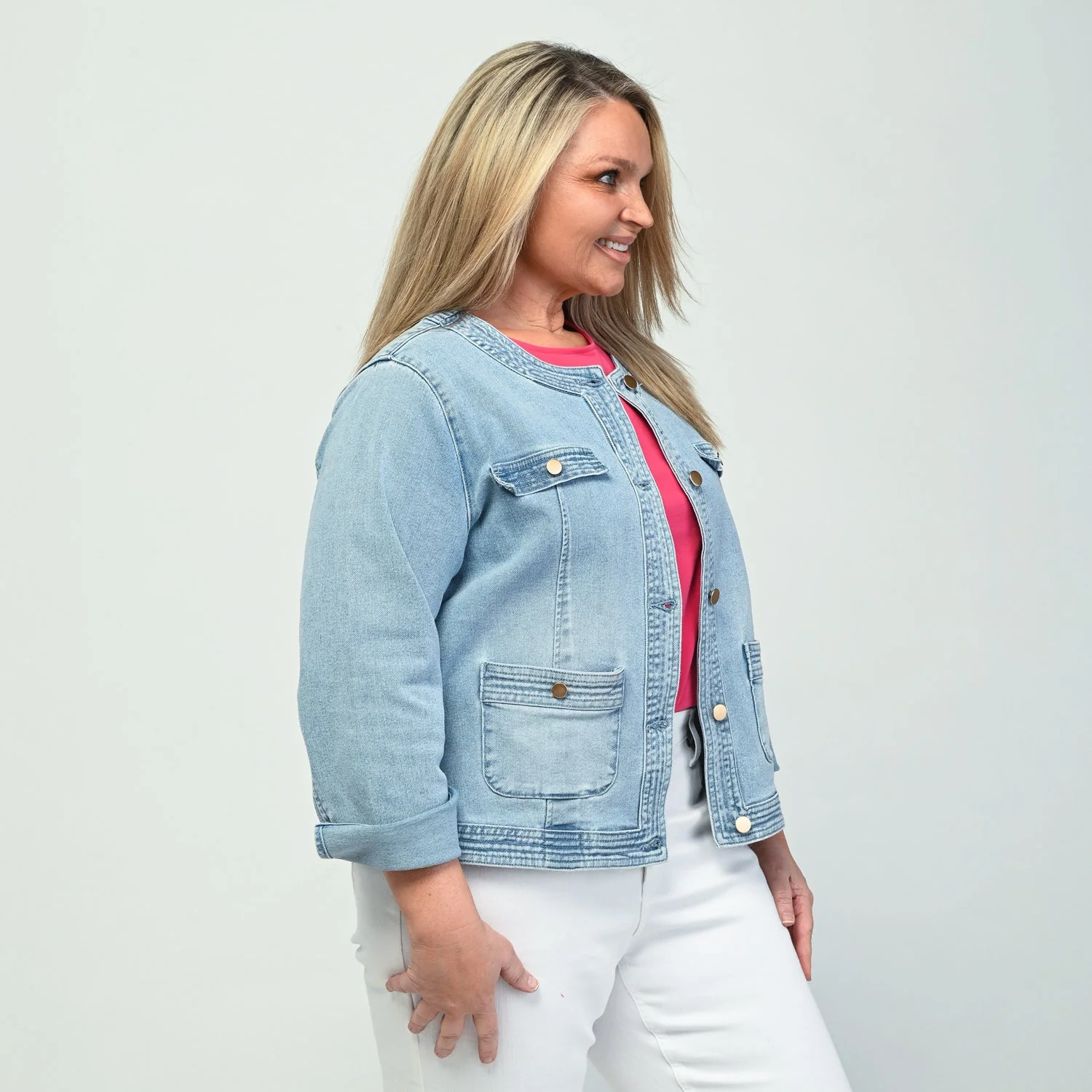 Christopher & Banks Button Front Collarless Denim Jacket - Image 9