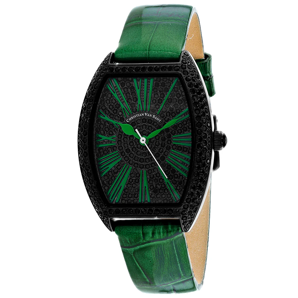 Christain Van Sant Women's 36mm Chic Quartz Black Crystal Pave Leather Strap Watch - Image 3