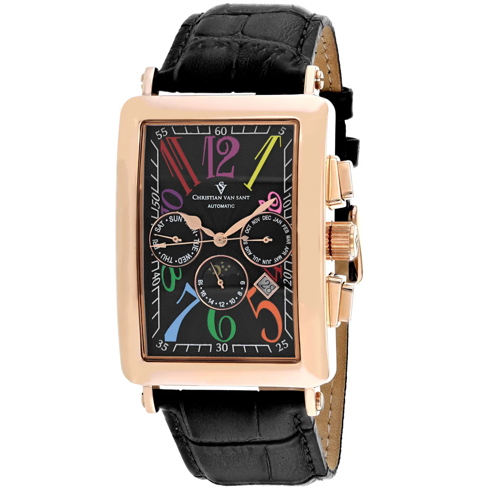 Christian Van Sant Men's 33mm Prodigy Automatic Multi-Function Moonphase Leather Strap Watch - Image 4