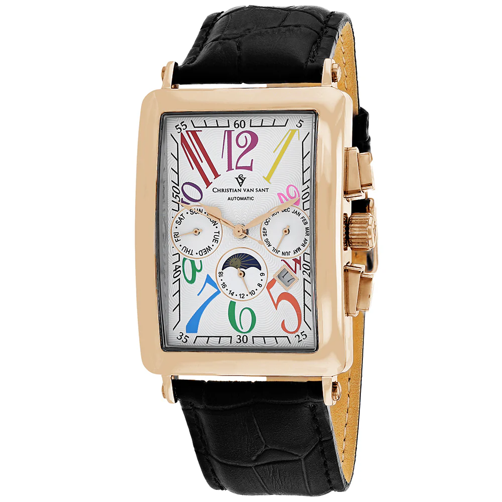 Christian Van Sant Men's 33mm Prodigy Automatic Multi-Function Moonphase Leather Strap Watch - Image 5