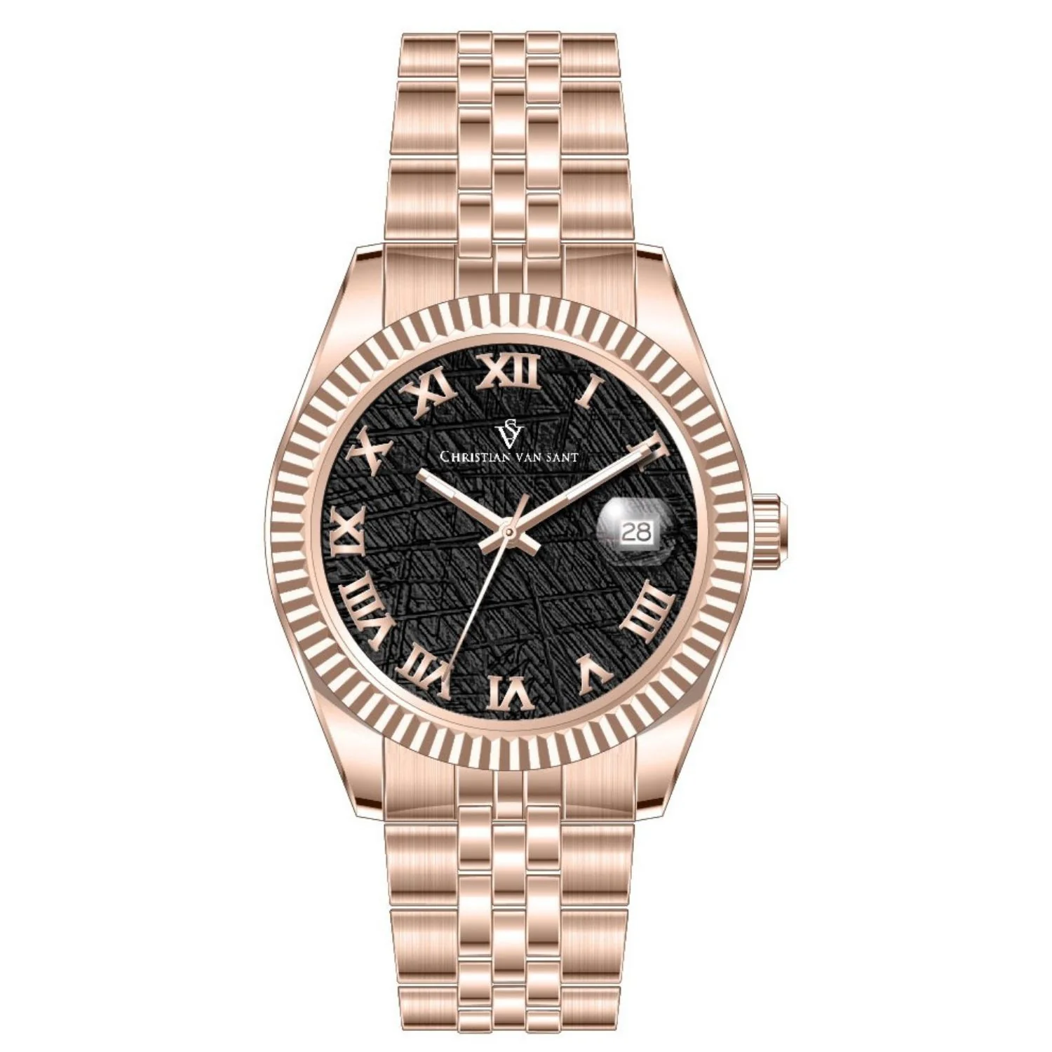 Christian Van Sant Men's 41mm Stellar Quartz Date Textured Dial Fluted Bezel Bracelet Watch - Image 2