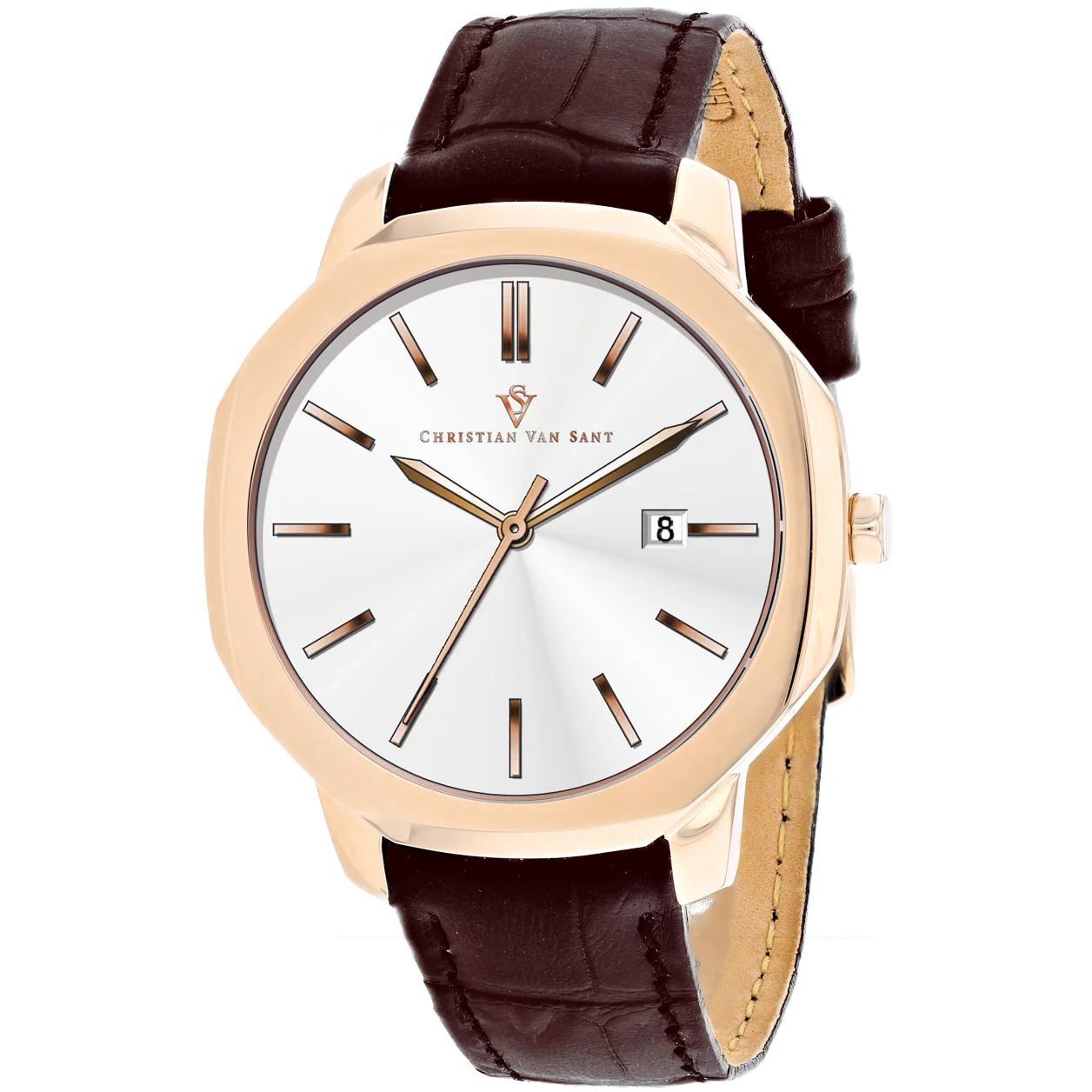 Christian Van Sant Men's 42mm Octavius Slim Quartz Date Octagon Leather Strap Watch - Image 4