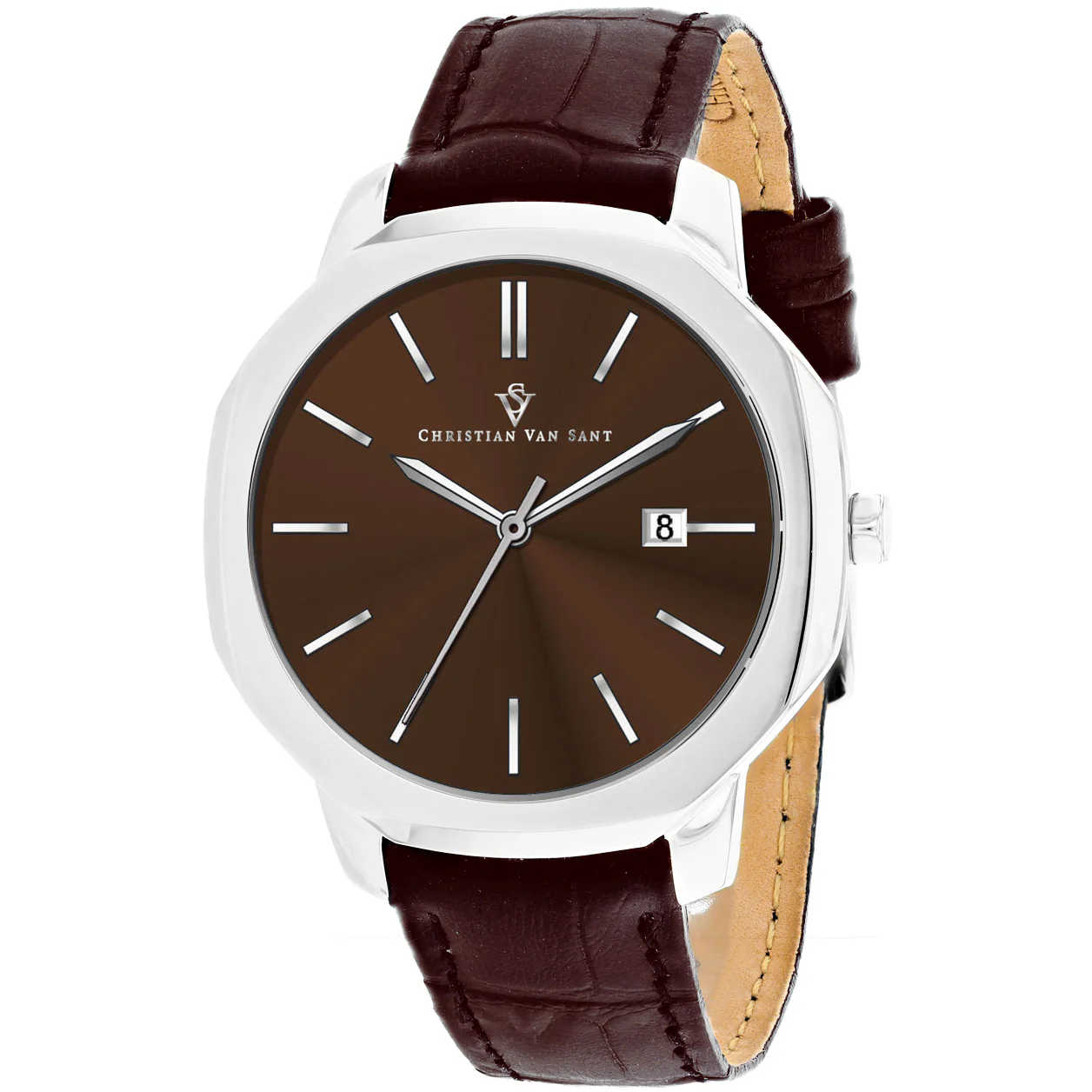 Christian Van Sant Men's 42mm Octavius Slim Quartz Date Octagon Leather Strap Watch - Image 6
