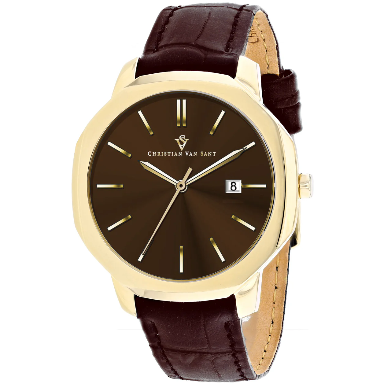 Christian Van Sant Men's 42mm Octavius Slim Quartz Date Octagon Leather Strap Watch - Image 7