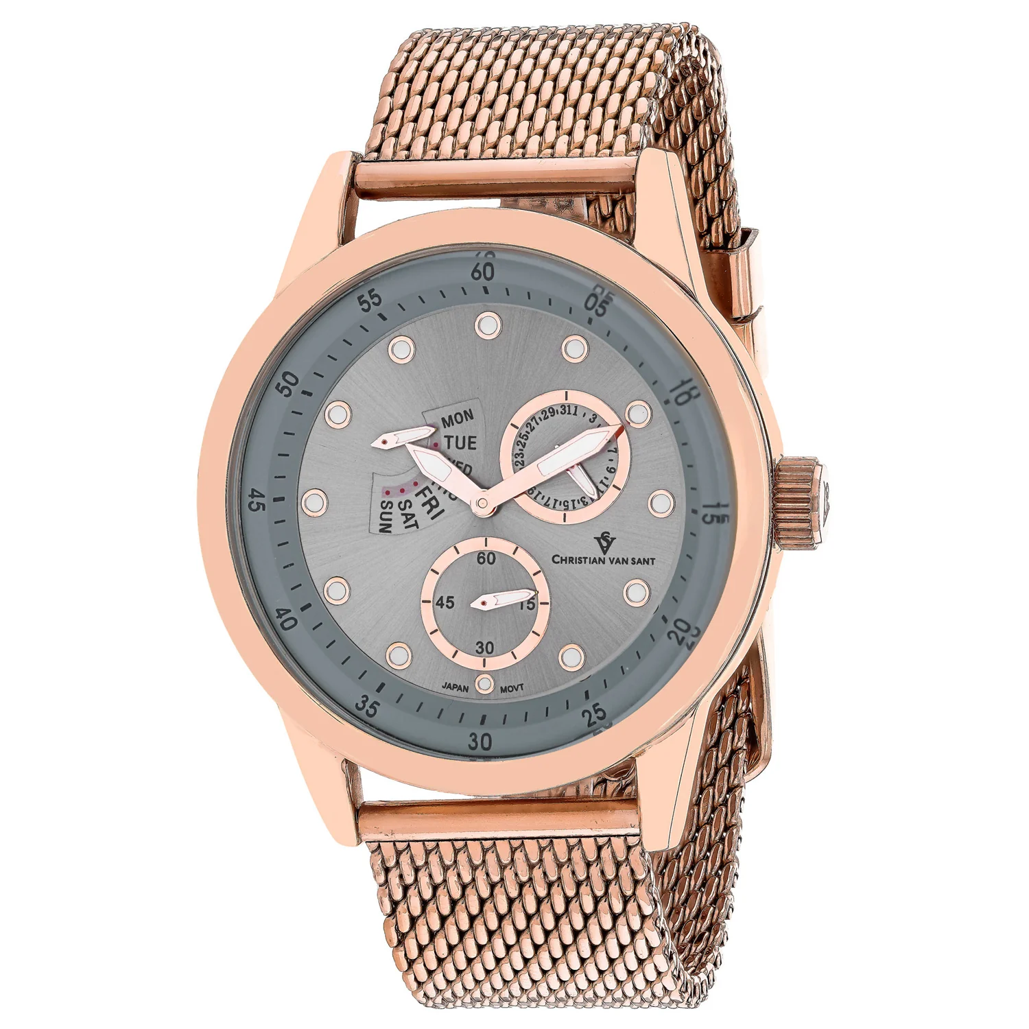 Christian Van Sant Men's 44mm Rio Quartz Multi-Function Day & Date Mesh Bracelet Watch - Image 4
